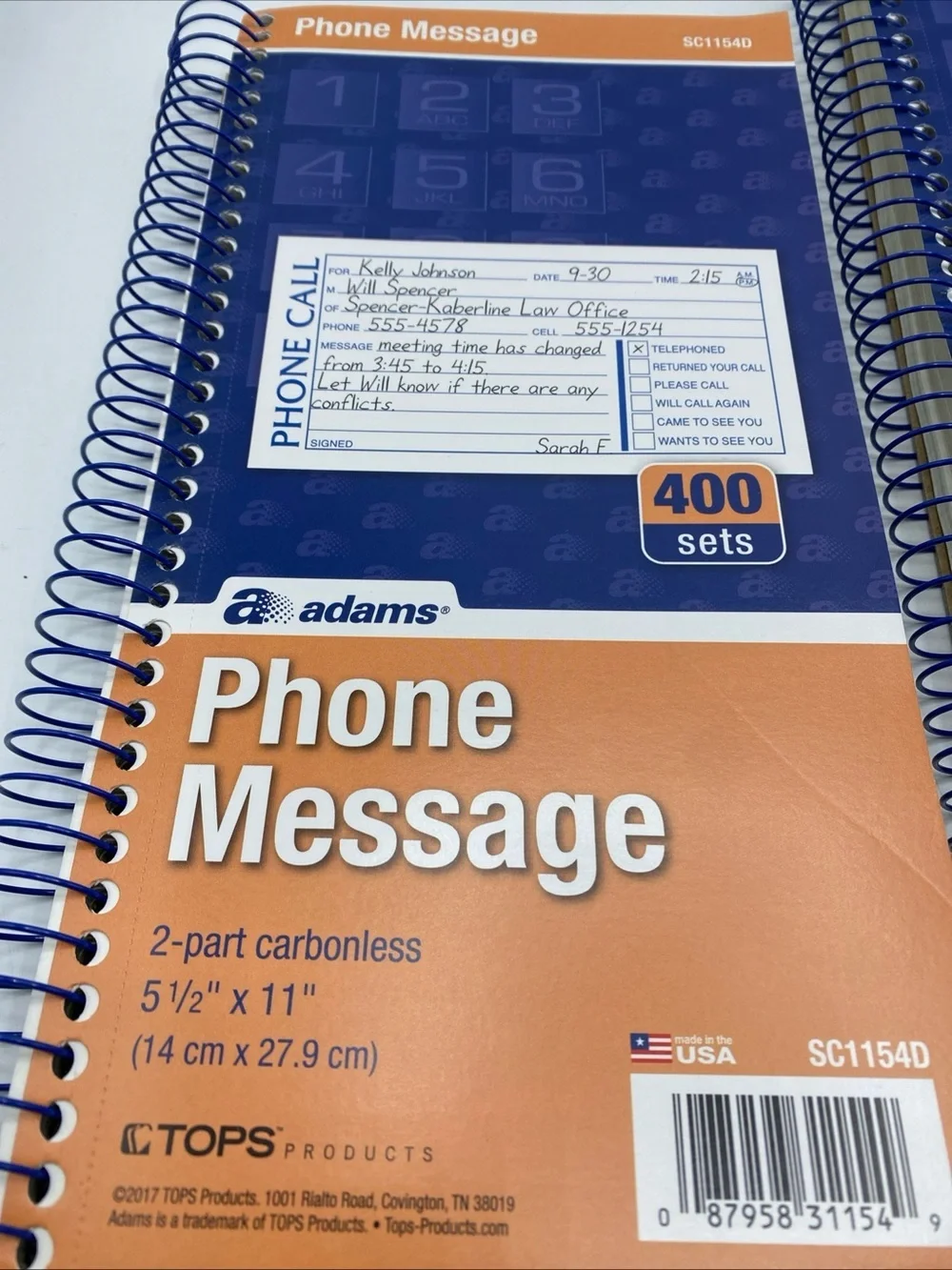 Message Book Phone Call Carbonless Duplicate 5.5x11” 3 Pack Adam’s SC1154D